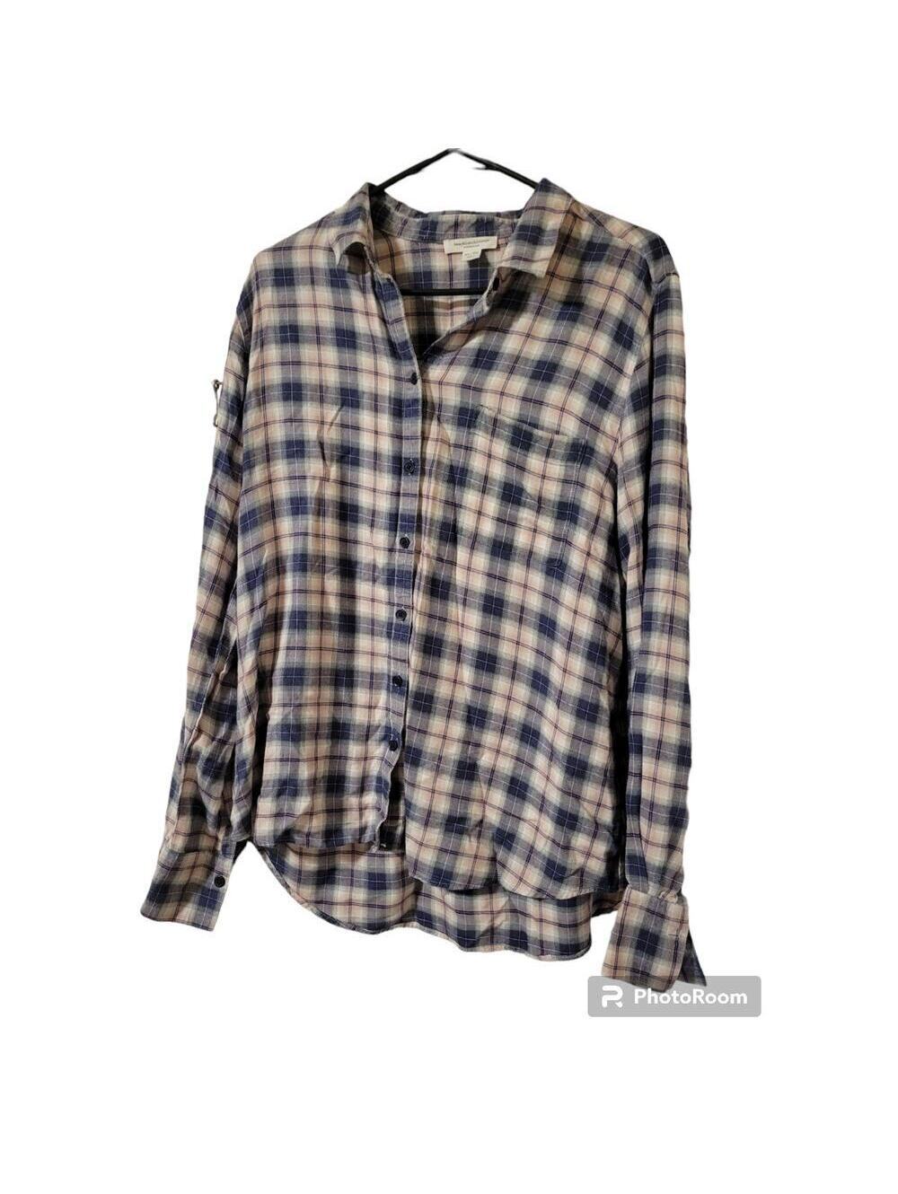 Beach Lunch Lounge Pink Blue Purple Long Sleeve Button Down Plaid Top Size XL